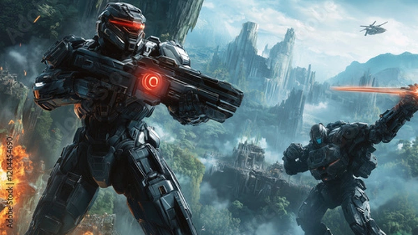 Fototapeta A high-resolution, cinematic-style wallpaper featuring iconic characters from famous video games, such as a futuristic soldier from a first-person shooter game standing next to a medieval warrior with