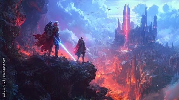 Fototapeta A high-resolution, cinematic-style wallpaper featuring iconic characters from famous video games, such as a futuristic soldier from a first-person shooter game standing next to a medieval warrior with