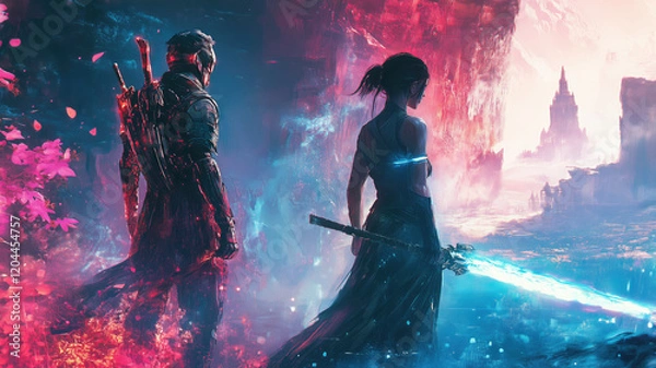 Fototapeta A high-resolution, cinematic-style wallpaper featuring iconic characters from famous video games, such as a futuristic soldier from a first-person shooter game standing next to a medieval warrior with