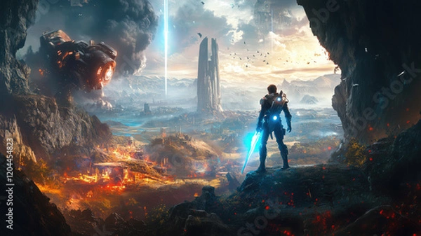 Fototapeta A high-resolution, cinematic-style wallpaper featuring iconic characters from famous video games, such as a futuristic soldier from a first-person shooter game standing next to a medieval warrior with