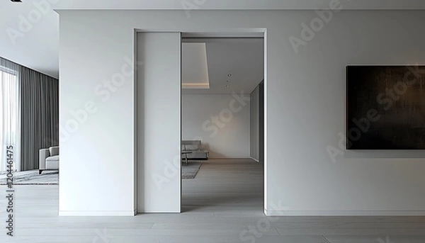 Fototapeta A pocket door neatly embedded in a white plasterboard wall, sliding discreetly into place for a clean, modern finish.