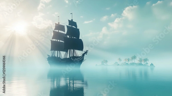 Obraz Majestic Black Sail Ship in Misty Tropical Seascape