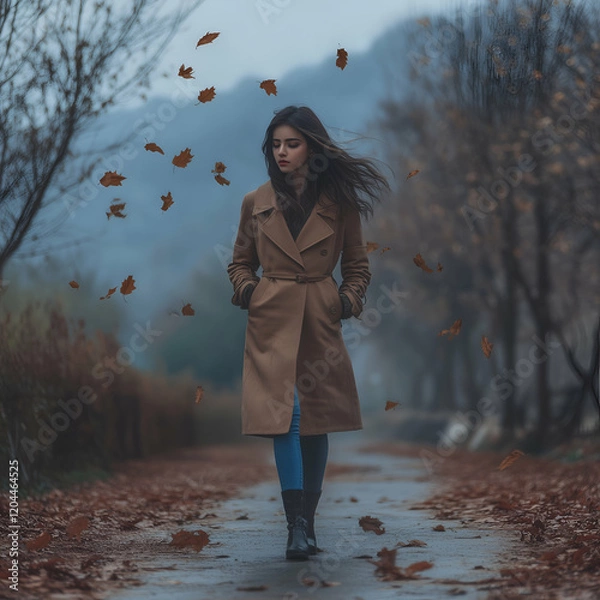 Obraz Woman Walking Through Autumn Leaves on a Pathway