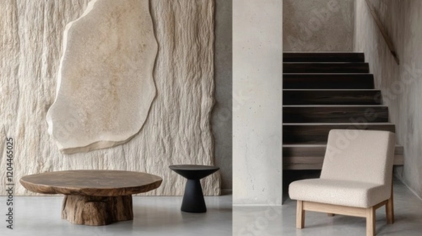 Fototapeta Modern living room with a minimalist design. the walls are made of concrete and the floor is made of light-colored tiles.