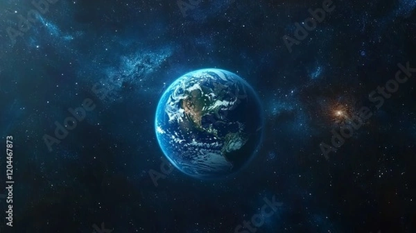 Fototapeta The Earth in Space with Artistic Representation of America, Surrounded by Stars, Galaxies, and a Deep Blue Background – A Focused View of Nature
