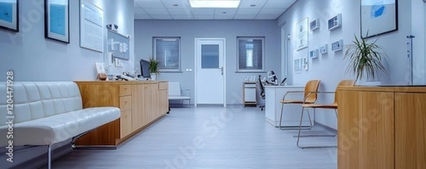 Fototapeta A sterile, empty doctor office, ready for the next consultation, with minimal furniture and modern d?(C)cor.