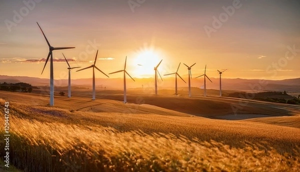 Fototapeta A wind turbine field during golden hour, with turbines standing tall against a warm, golden sky, symbolizing renewable energy and sustainability.