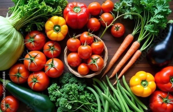 Fototapeta Fresh organic vegetables from local farmers market. Healthy, sustainable food concept. Colorful array of vegetables like tomatoes carrots peppers beans, bok choy. Top view presentation ideal for eco,