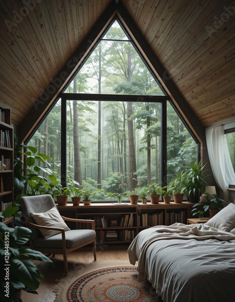 Fototapeta Cozy Modern Living Space with Triangular Window and Forest View