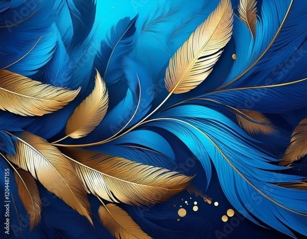 Obraz blue feathers with gold leaves and a blue background