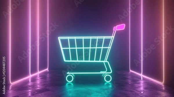 Obraz Shopping cart neon light display urban environment digital art creative concept