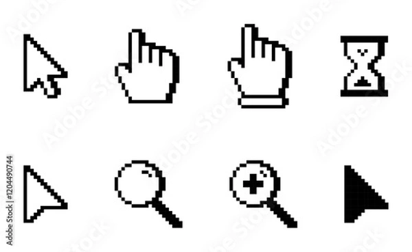 Obraz Pixelated white computer cursor icons. Pixelated white computer pointer icons