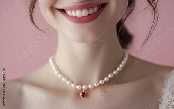 Obraz A radiant close-up of a woman wearing a pearl and ruby necklace, her smile captivating against a light pink backdrop for valentines day