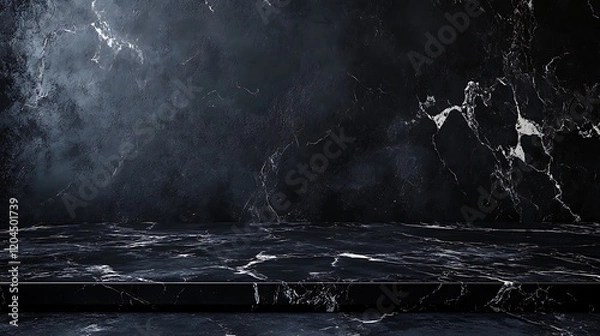 Fototapeta This high-resolution image showcases an empty table with a black marble countertop, positioned in front of a black wall.