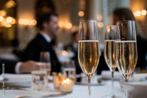 Obraz A sophisticated dining experience highlighted with sparkling champagne glasses, creating a refined atmosphere in a beautifully lit setting filled with subtle elegance.