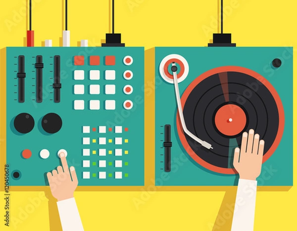 Obraz Turntable with dj hands. Vector flat illustration
