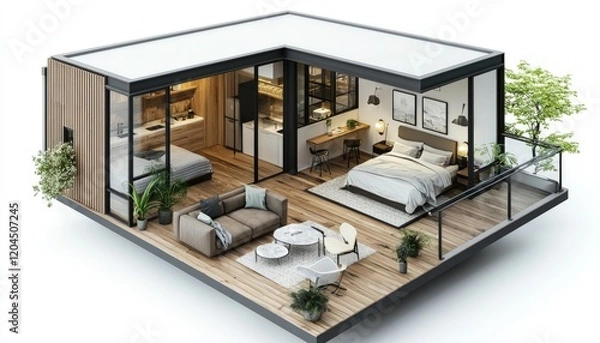 Fototapeta Isometric 3D rendering of a tiny loft-style house, featuring clean lines, white walls, and modern design elements