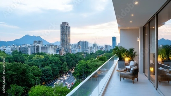 Fototapeta Cityscape view from a modern apartment balcony at dusk.