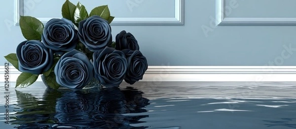 Fototapeta Dark blue roses in a glass vase, reflecting in flooded floor.