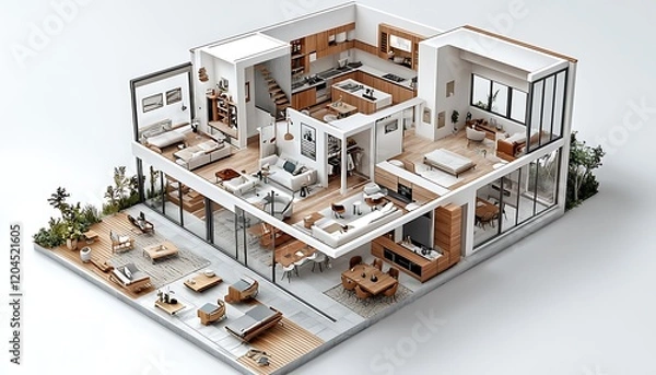 Fototapeta Rendered 3D floor plans of a furnished house, presented alongside isometric views for a comprehensive look at its design