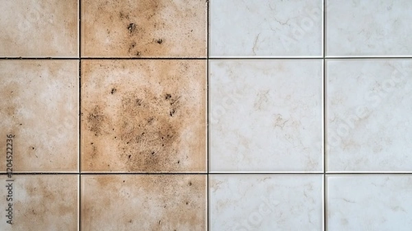 Fototapeta A top-down view comparing dirty, stained grout lines on the left with spotless, white grout on the right after deep cleaning.