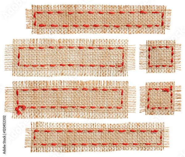 Obraz Naszywka na wstążkę z płótna, rustykalne kawałki tkaniny worek