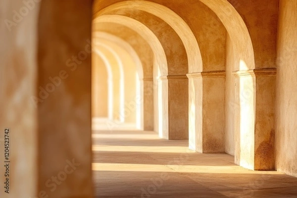 Fototapeta Sunlit archway corridor, showcasing repeating arches and warm-toned walls creating a serene atmosphere.