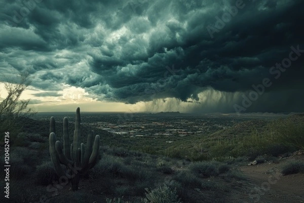 Fototapeta A dramatic desert landscape with a massive thunderstorm looming over a city, cacti in the foreground.