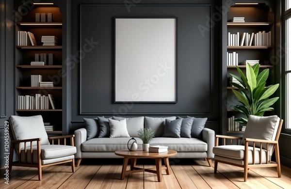 Fototapeta Empty black frame on wall of modern reading room. Armchairs, bookshelves create cozy interior design. Luxury, minimalist style. Contemporary living room template. Ideal for mockups, interior design