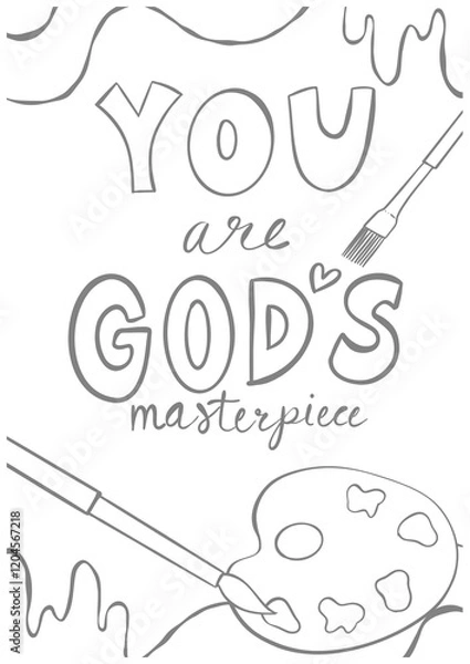 Obraz Calligraphy of You are God's masterpiece in the center with illustrations of art tools set around, Line art design for printable coloring