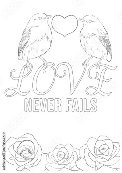 Obraz Hand-drawn illustration of a bird with the words love never fails, artwork design for valentine season, coloring black and white line art