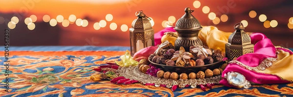 Obraz Festive Ramadan Sweets Lanterns Decor Oriental Fabrics