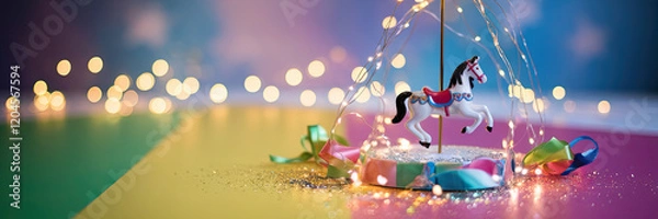Obraz Festive Carousel Horse with Fairy Lights Glitter