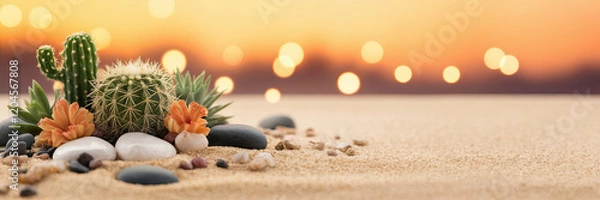Obraz Sunset Cactus Desert Scene Plants Sand Stones Bokeh