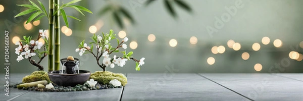 Obraz Tranquil Zen Garden Tabletop Fountain Bamboo Blossoms