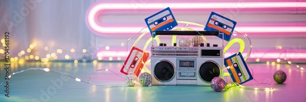 Obraz 80s Retro Boombox Cassette Tapes Neon Lights Party