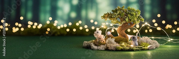 Obraz Enchanting Fairy Garden with Bunnies Lights Tree