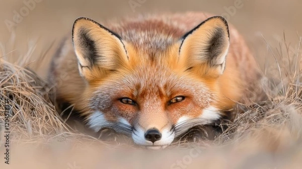 Fototapeta Red fox resting in tall grass, wildlife scene, nature background, ideal for nature documentaries