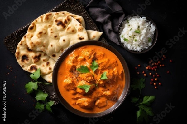 Fototapeta Indian cuisine with butter chicken basmati rice naan bread and spices in bowl Background is black with space for text Top view of traditional dish Chicken tik