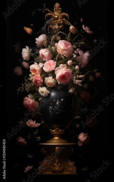 Fototapeta Opulent Still Life Baroque Vase with Pink Flowers and Gold Accents