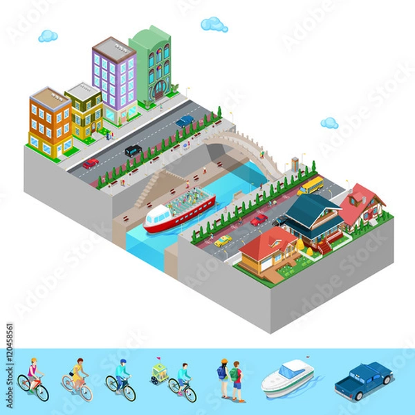 Fototapeta Isometric City View with Buildings Bridge Embankment and River. Flat 3d Vector illustration