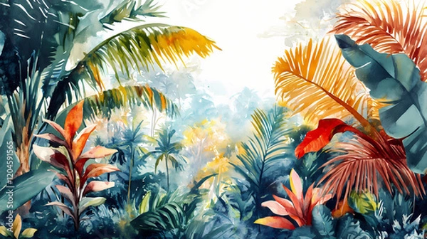 Fototapeta Lush tropical plant haven in beautiful watercolor landscape. Tropical Haven. Illustration