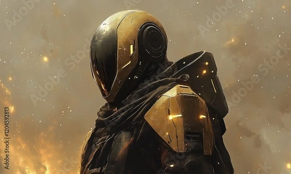Fototapeta Futuristic warrior, space battle, nebula background, game art