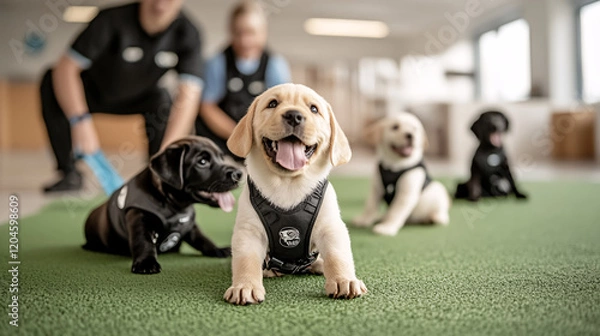 Fototapeta A few guide dog puppies playing together in a designated training area.