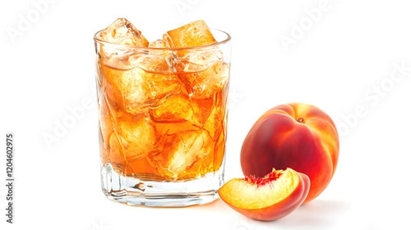 Fototapeta glass of peach juice with ice cubes isolated on white background