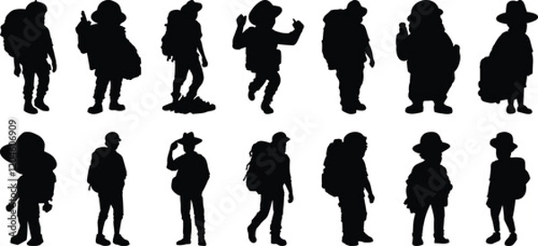 Fototapeta Hiking silhouettes set, adventure pack of vector silhouette design, isolated background