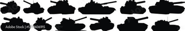 Fototapeta Tank silhouettes set, army pack of vector silhouette design, isolated background