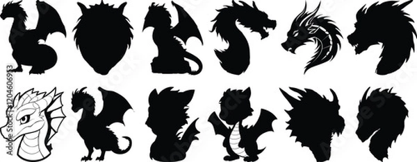 Fototapeta Dragon silhouettes set, fantasy pack of vector silhouette design, isolated background