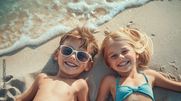 Fototapeta A close-up shot of the happy little boy and girl with blond hair and sunglasses lying on the sandy beach on a sunny day with waves in the background. Summer vacation concept.
