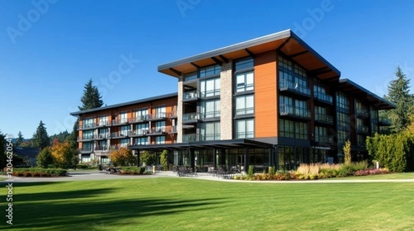 Obraz Modern luxury hotel with expansive lawn, balconies, and ample natural light.